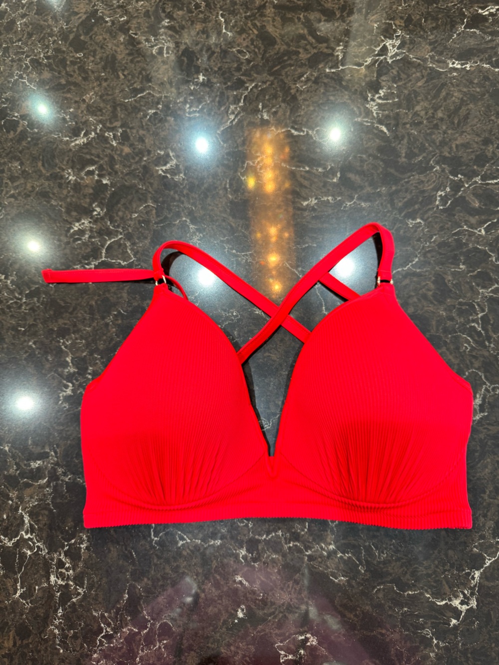 SHADE SHORE Red Ribbed Padded Bikini Top with Crisscross Straps